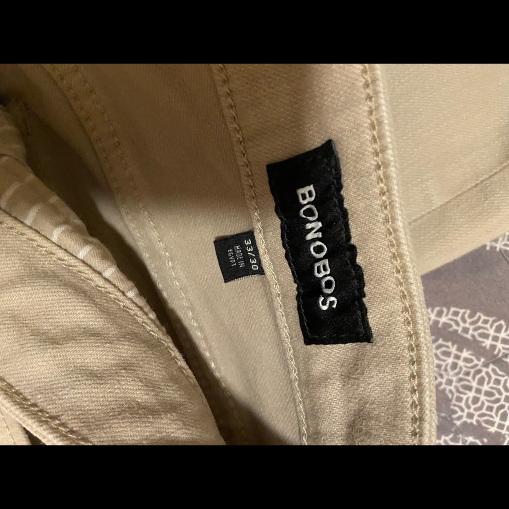 Bonobos light tan 5 pocket skinny jeans. 33-30 but took half inch off to 29.5